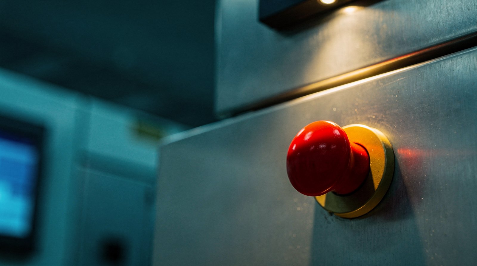 A large physical red mushroom emergency-stop button on a machine panel, lit warm gold from above, abstract colour panels behind