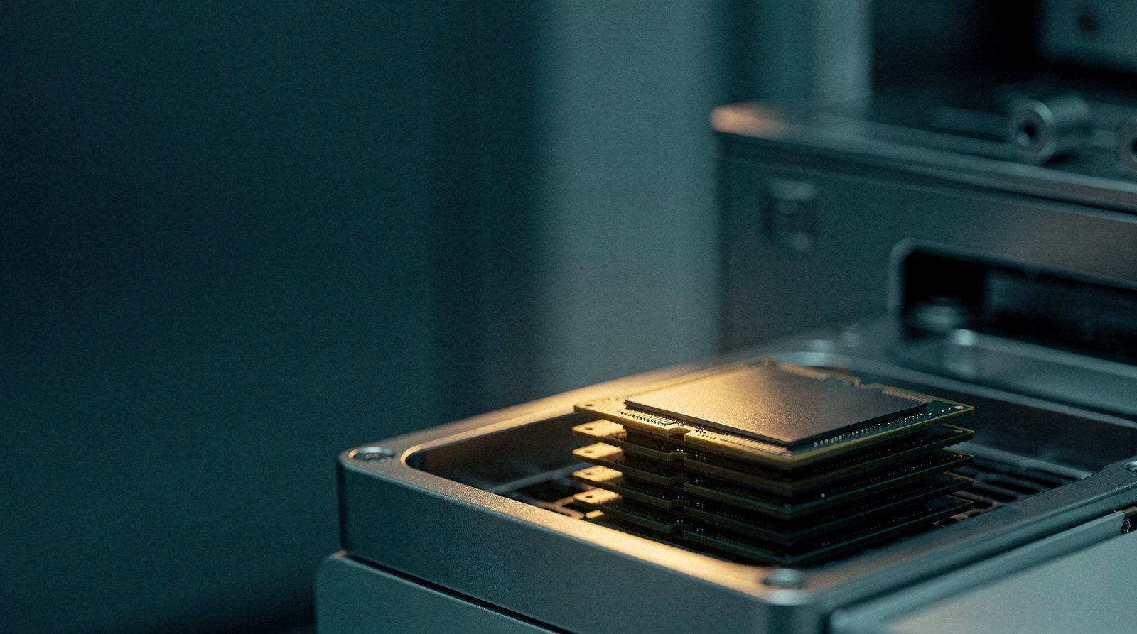 A stack of memory modules in a cleanroom tray, the top module lit warm gold, the others cool and dim