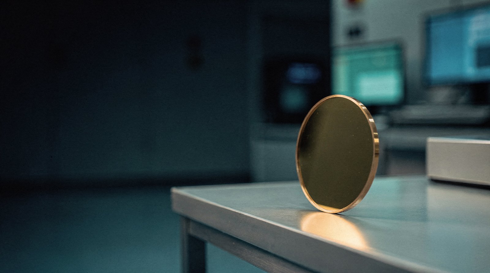 A wafer held vertically on edge on a bench, its underside catching warm gold light