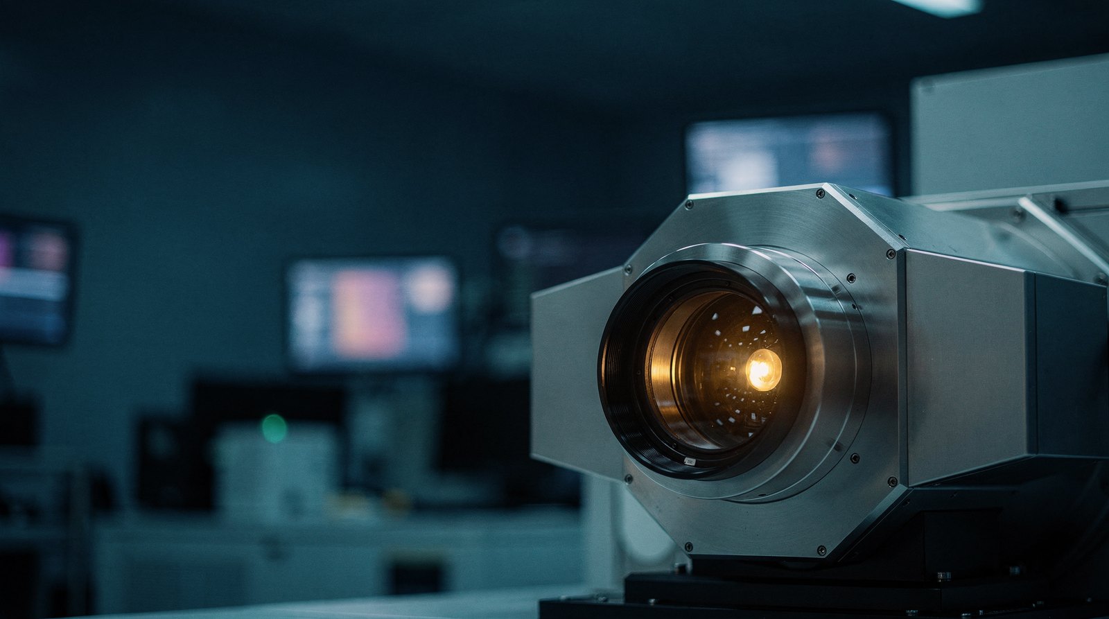 The massive mirror optics module of a lithography machine in dim blue, one mirror catching a warm gold glint