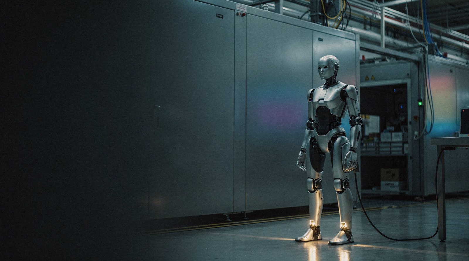 A humanoid robot standing powered down at a fab loading dock, a charging cable at its ankle lit warm gold