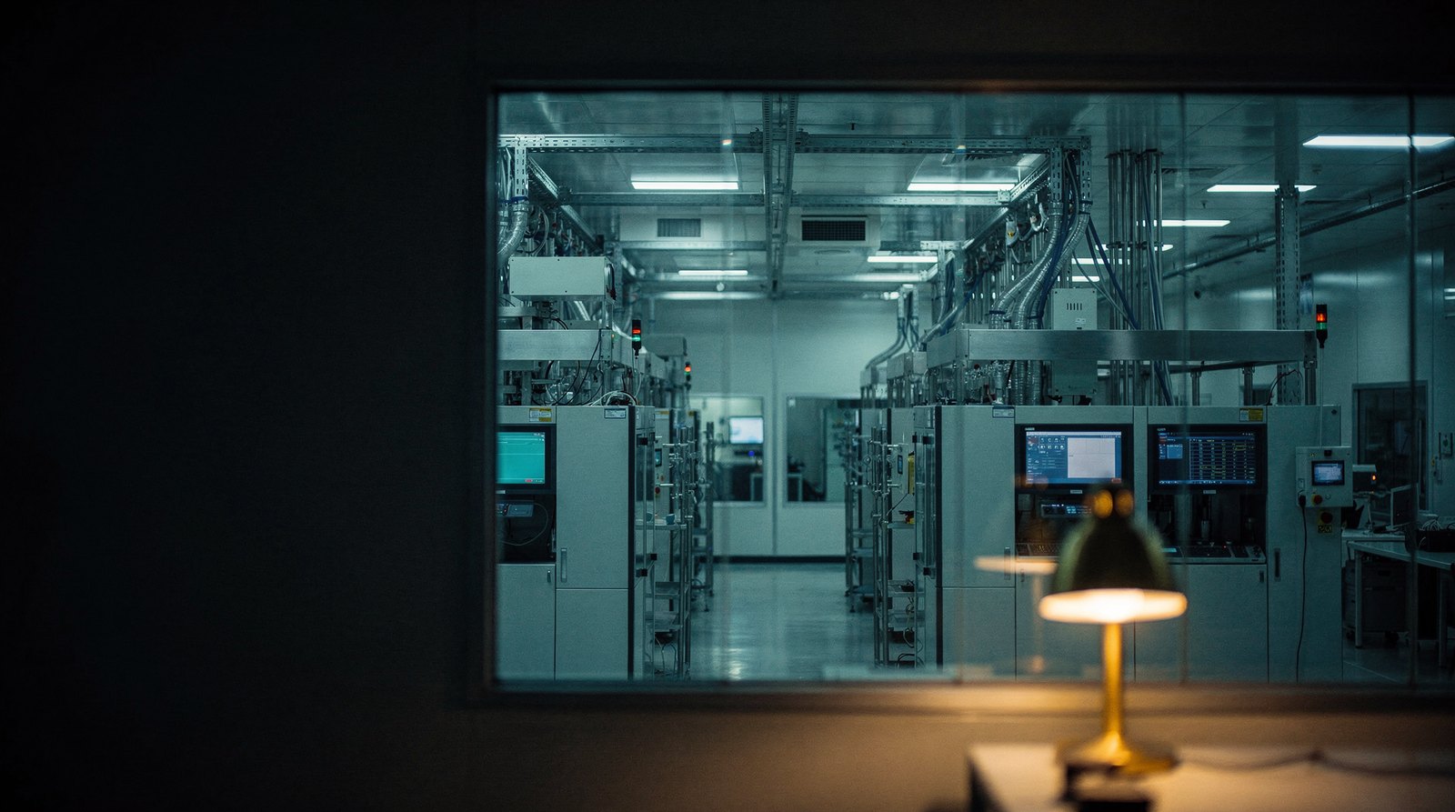 Two identical cleanroom bays seen through glass, mirror images, one with a single warm gold lamp lit