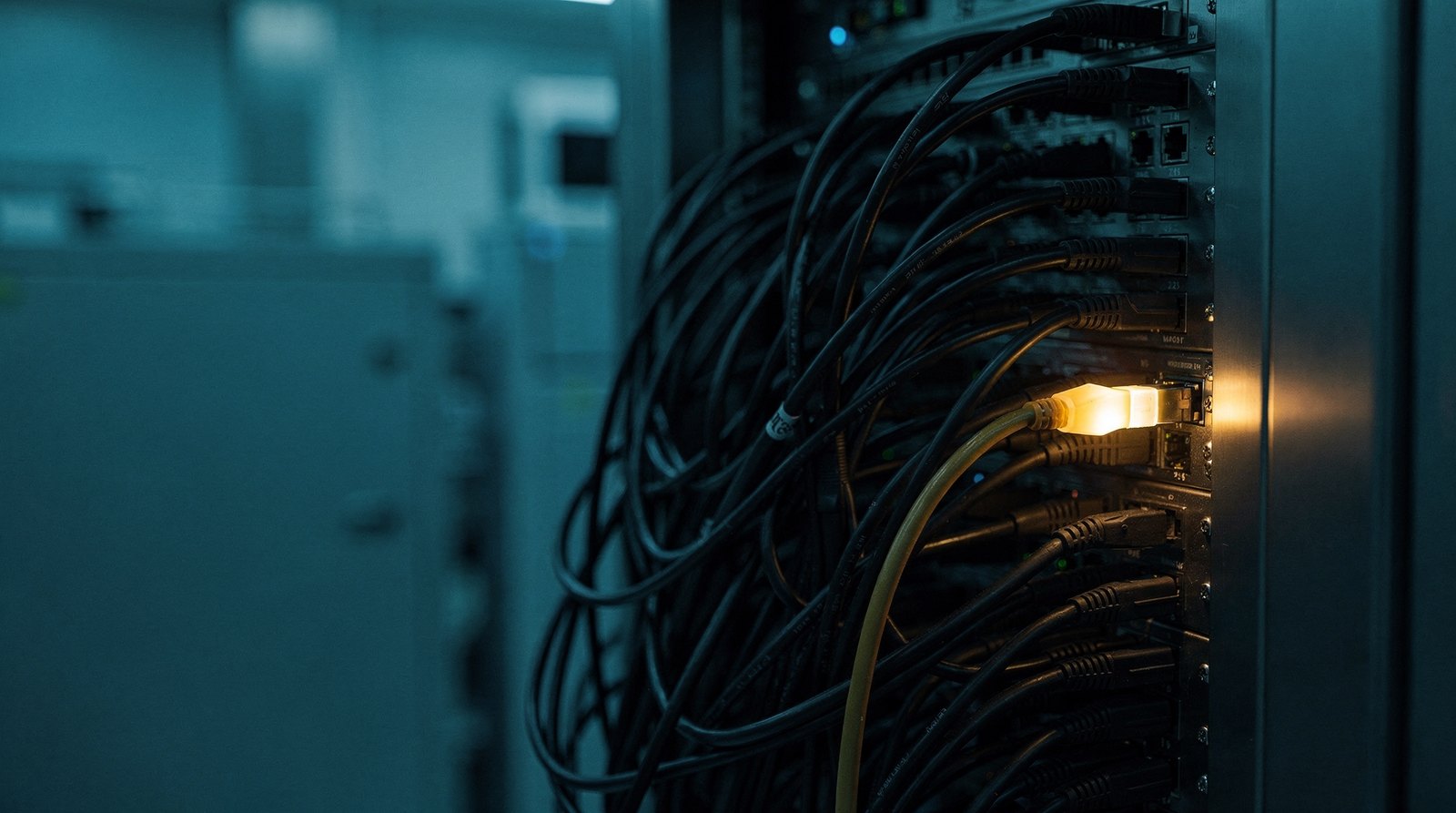 A tangle of patch cables behind a rack, one cable lit warm gold plugged into the only occupied port