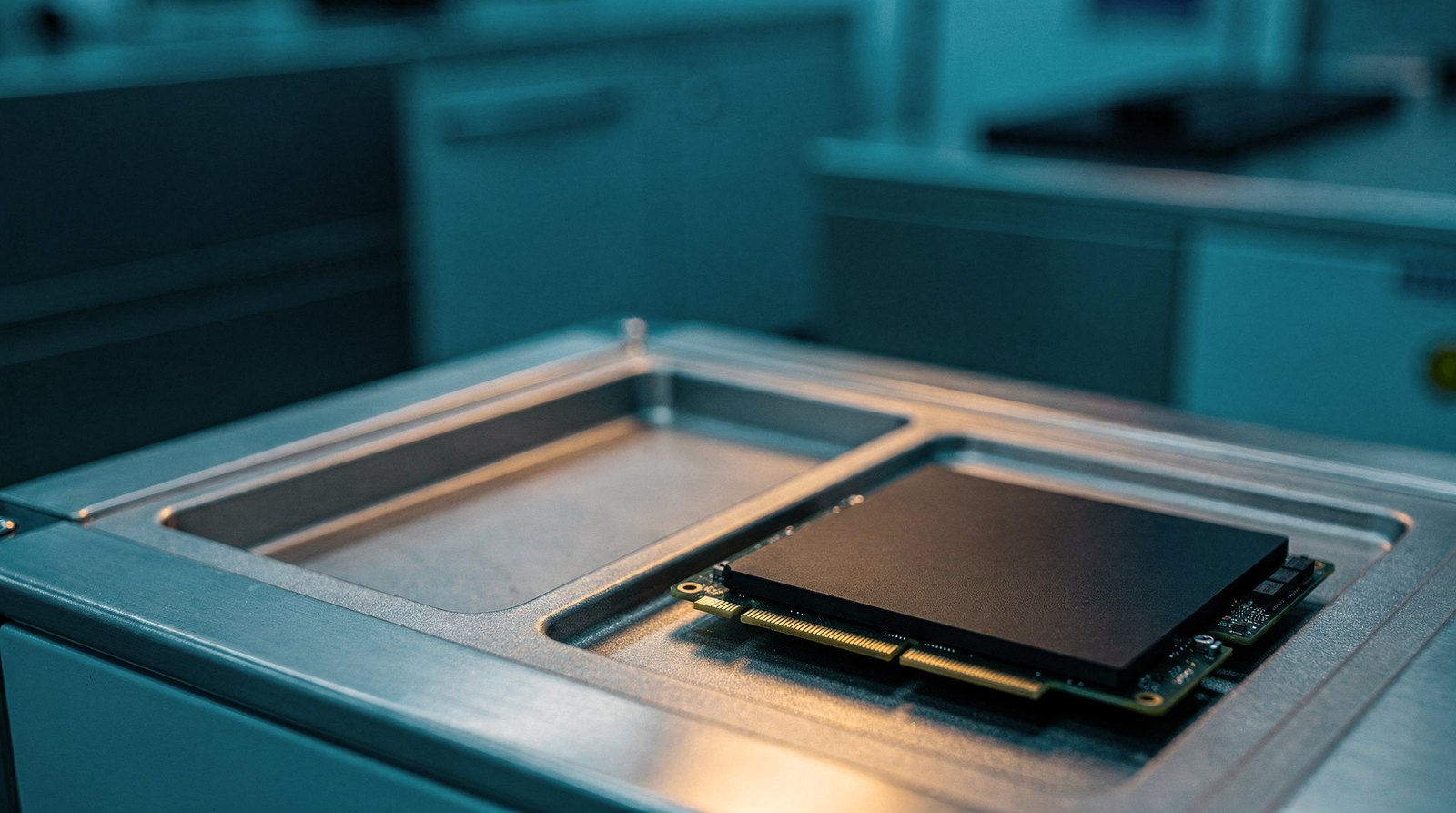 A single dark accelerator card resting alone in a cleanroom tray, warm gold light on its heat spreader, an empty tray slot beside it
