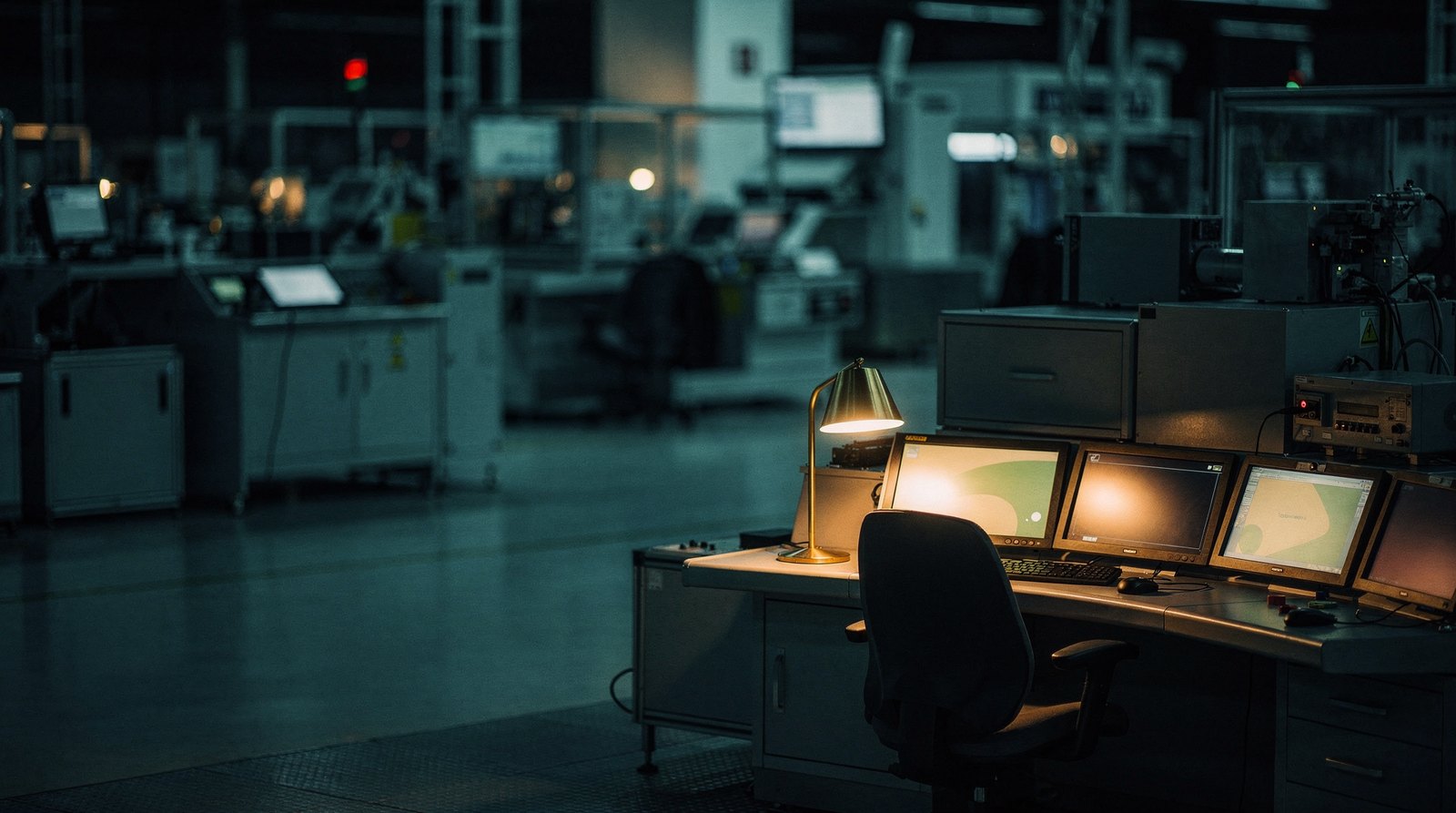 An empty operator chair in front of a fab console at night, the console's one warm gold lamp on