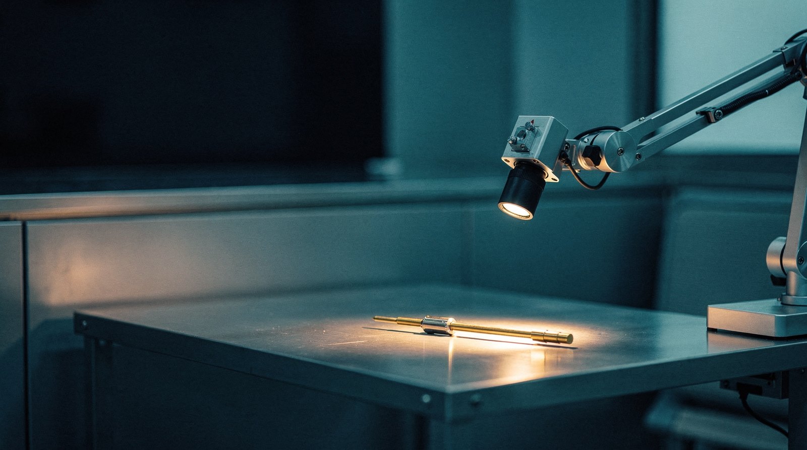A small factory camera on a boom looking down at a workbench with a single tool laid out, the tool lit warm gold