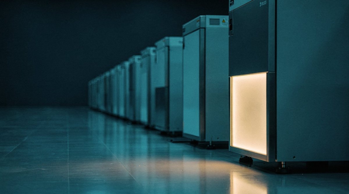 A row of process tools along a cleanroom aisle, one tool panel lit warm gold