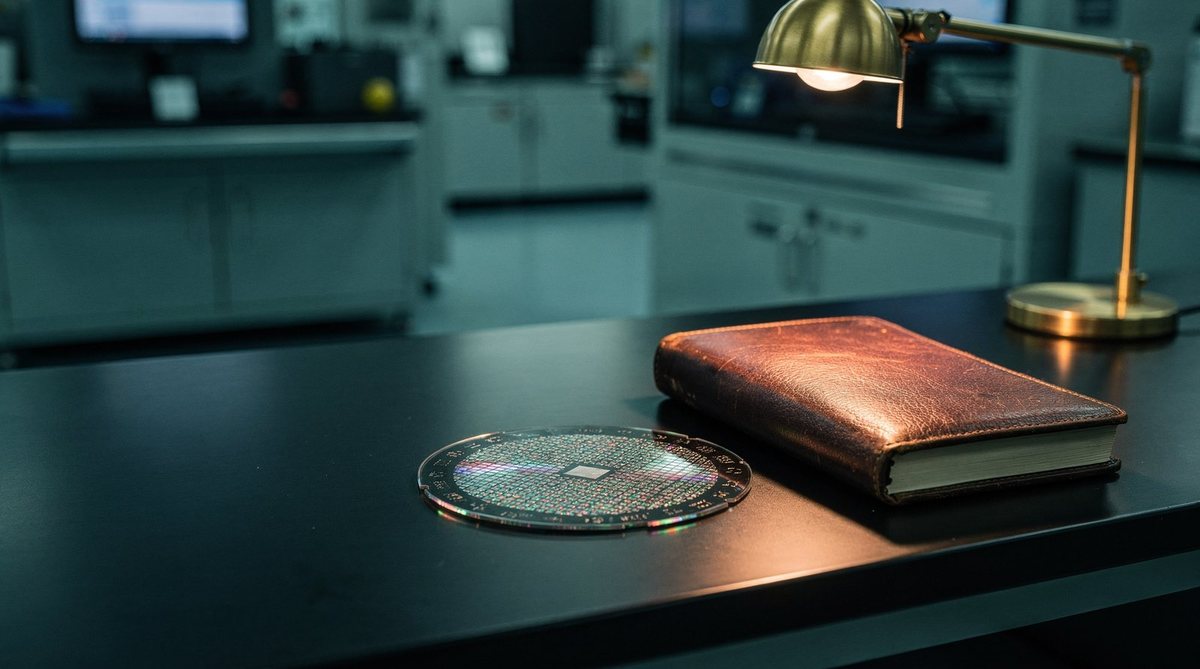A wafer resting on a dark bench beside a ledger, under one warm gold lamp