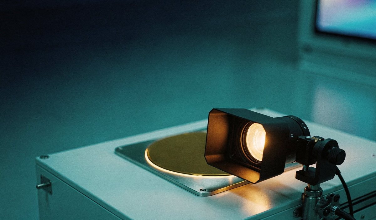 A camera lens pointed at a glowing wafer on a cleanroom loadport
