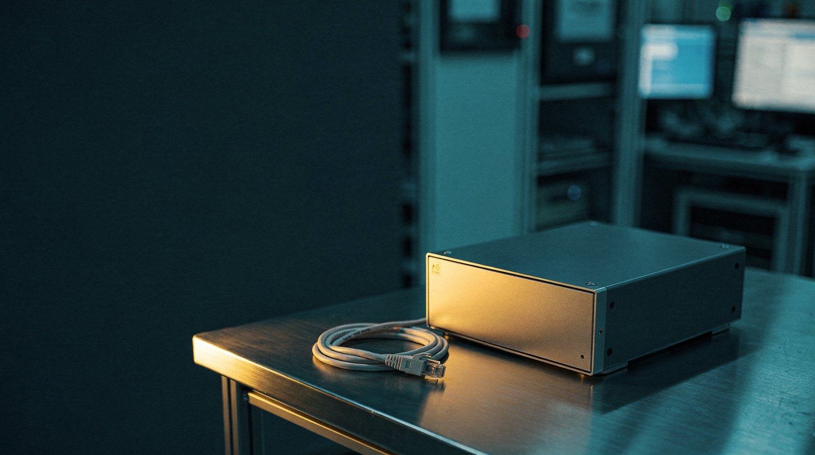 A compact server enclosure inside a fab, physically disconnected network cable coiled beside it, the enclosure lit warm gold