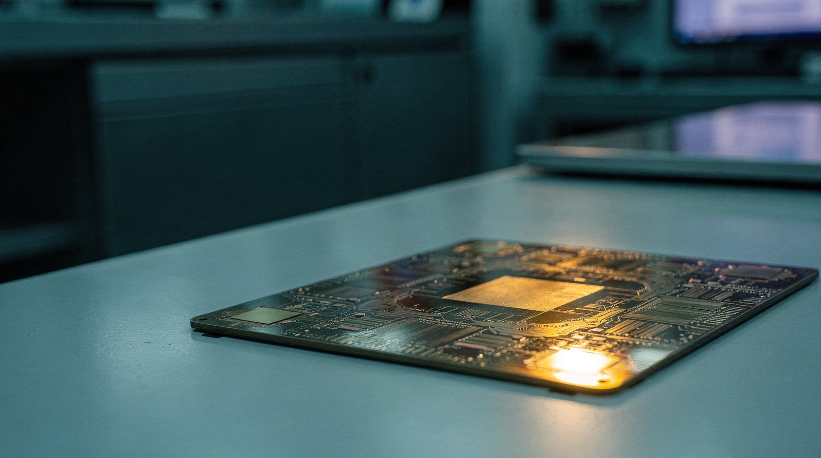 A full wafer-sized silicon die lying on a bench, one corner region catching warm gold light, the rest cool