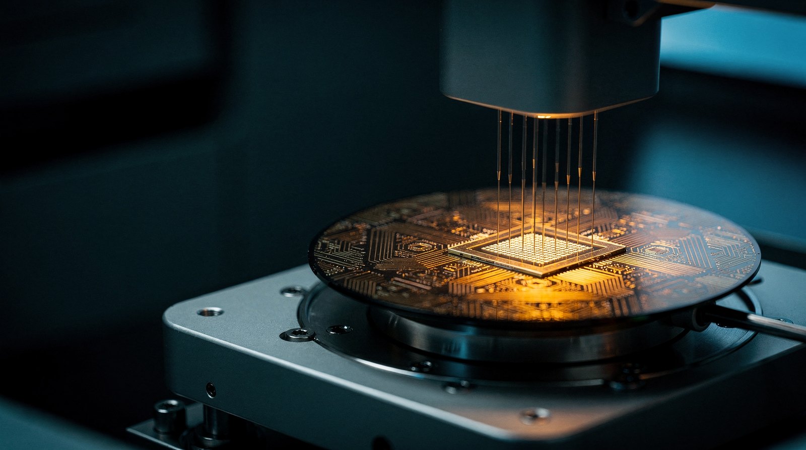 A wafer resting on a prober chuck with a grid of tiny probe needles above one die, the die lit warm gold