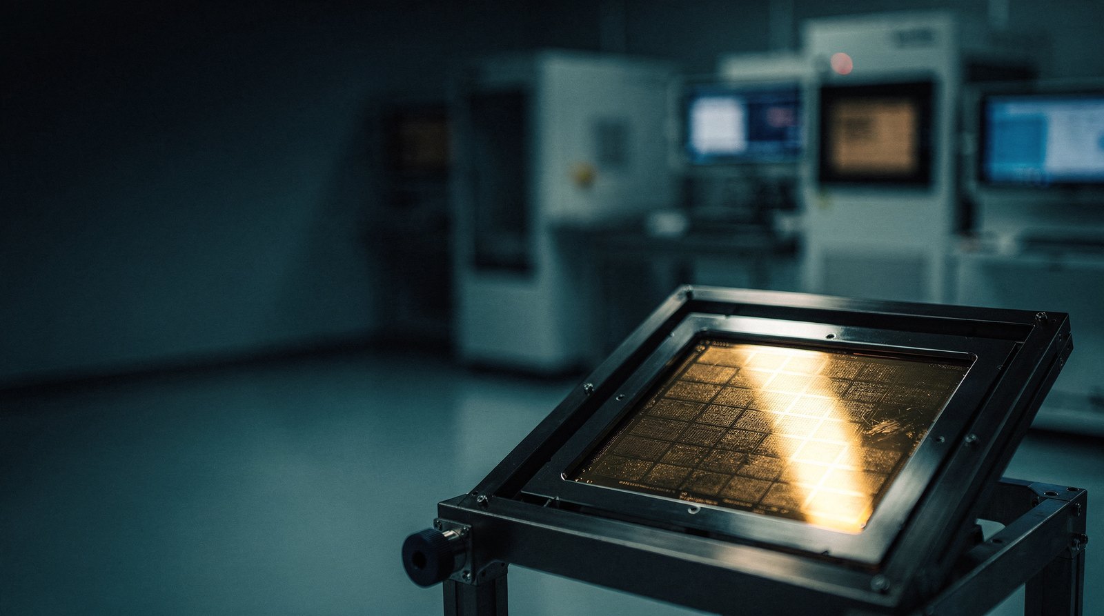 A photomask plate held in a dark frame, its patterned chrome surface catching one warm gold reflection