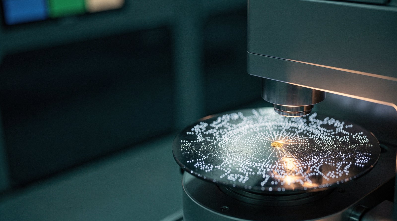 A wafer under a defect-inspection head with a scattered pattern of tiny lit points across it, one point warm gold