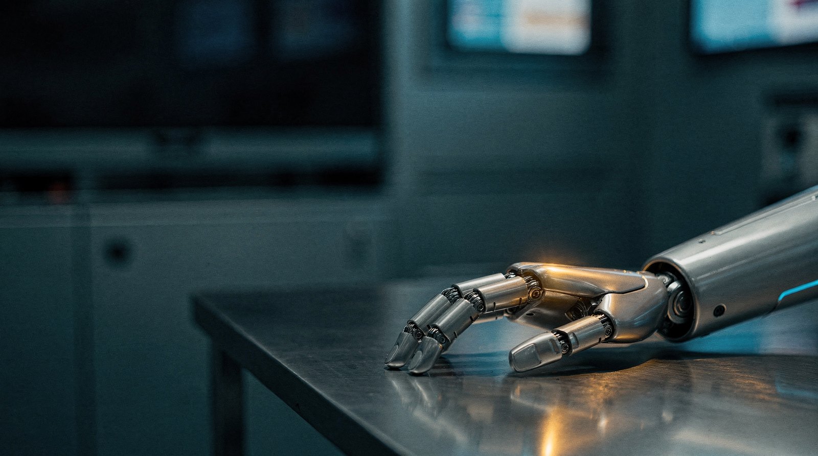 A humanoid robot's forearm and hand, powered down, resting on a factory bench, one joint catching warm gold light