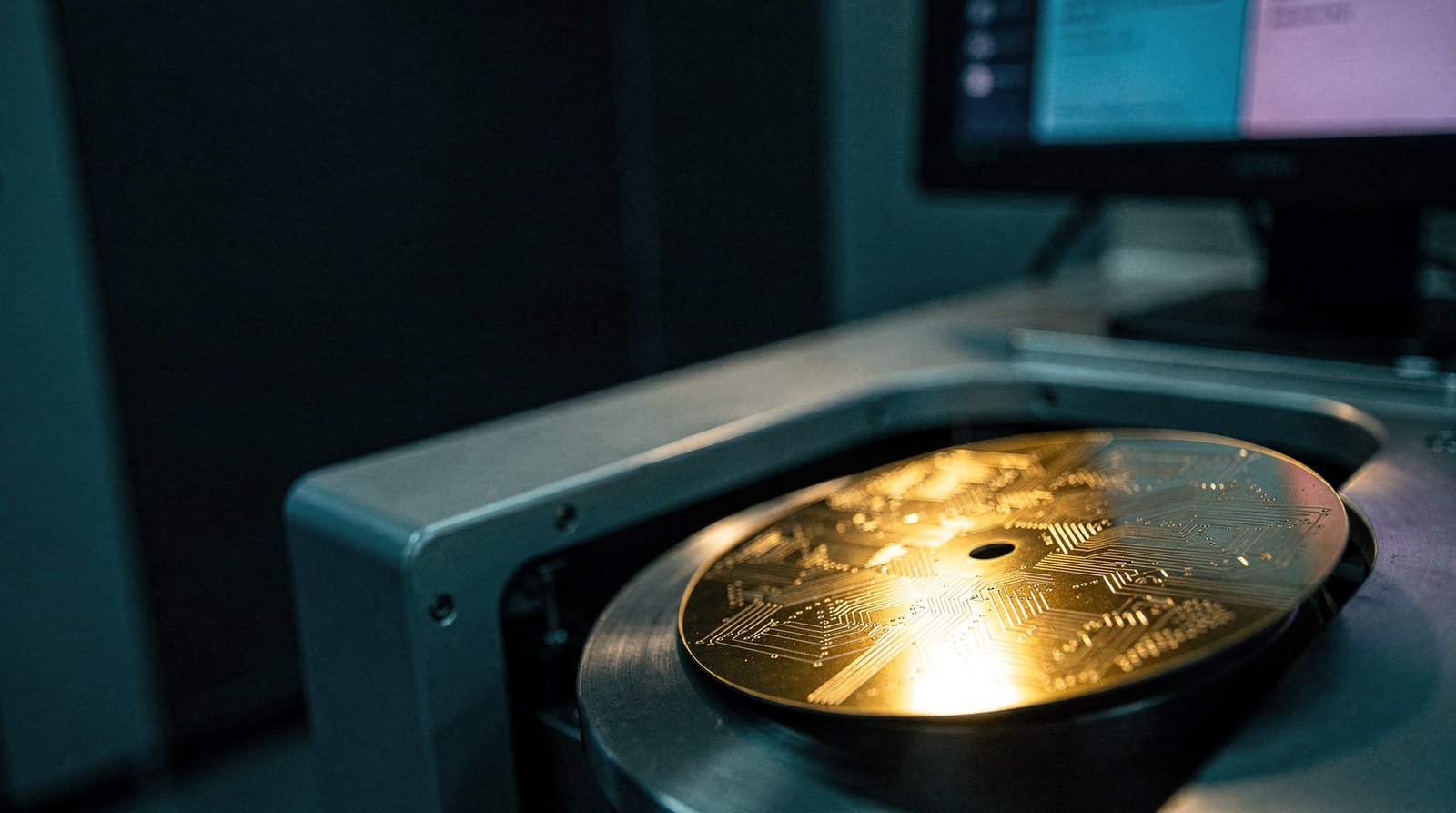 A wafer passing an empty metrology station, the station dark, the wafer lit warm gold as it goes by