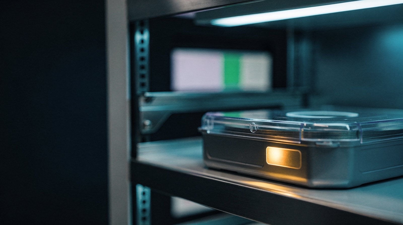 A wafer carrier pod with a small rfid tag on its side, the tag lit warm gold, on a stocker shelf