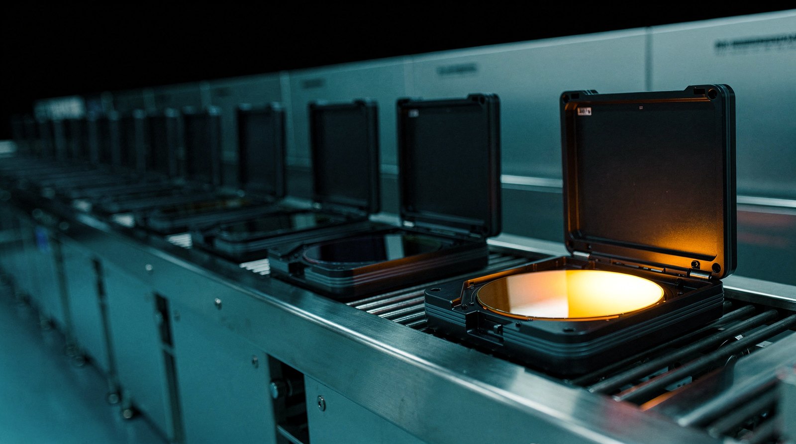 A long row of wafer carriers on a rail, only one carrier open with its wafer lit warm gold, the rest closed and dark