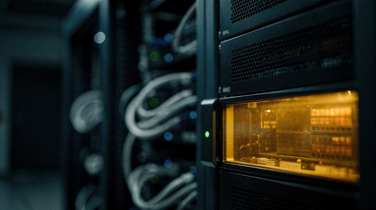 A rack of servers in a sub-fab data room, one module lit