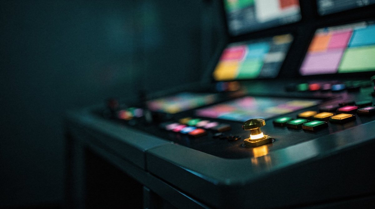 A fab control-room console with one illuminated key-switch