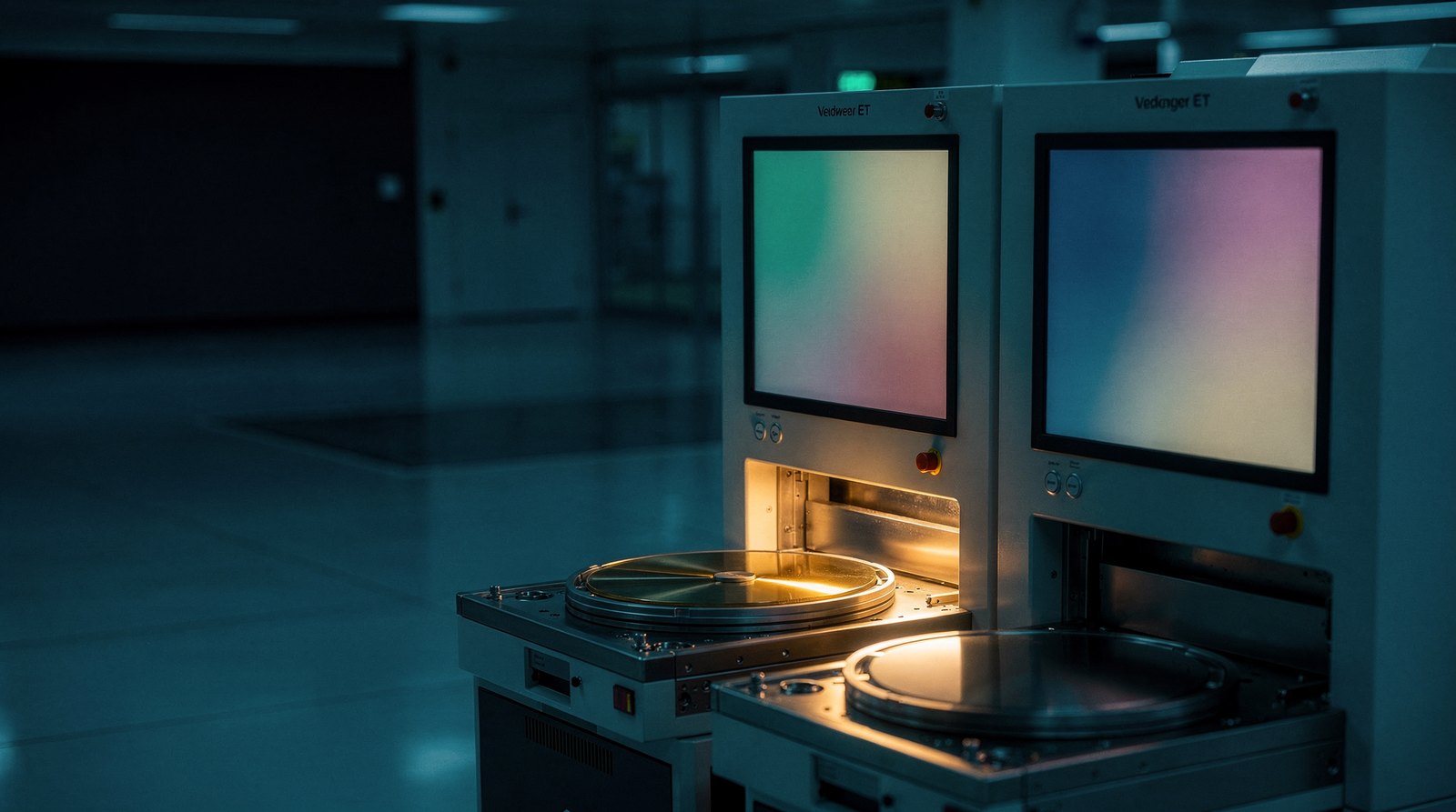 Two lithography tool fronts side by side in a bay, one wafer on a loadport between them lit warm gold