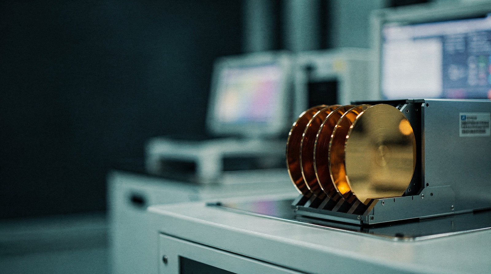 A cassette of twenty-five wafers, only three pulled halfway out and lit warm gold